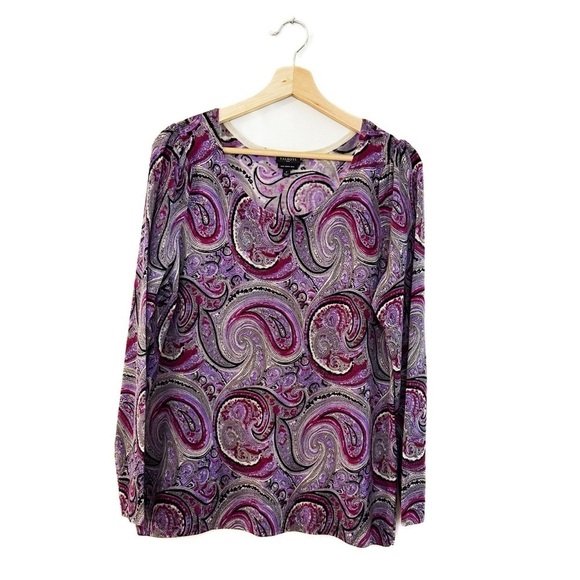 Talbots Merino Wool Womens XL Purple Paisley Crewneck Sweater 3/4 Sleeve - Picture 2 of 6